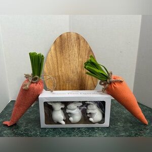 NWT, Bunny Plant Figures Set, Wooden Egg Cutting Board & Plush Carrots